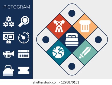  pictogram icon set. 13 filled pictogram icons. Simple modern icons about  - Bed, Kettle, Coupon, Trumpet, Calendar, Profile, Timer, Teamwork, Search, Toast, Dress, Earth, Sword
