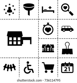 Pictogram icon. set of 13 filled pictogram icons such as house, disabled, stopwatch, heart search, medical bed, paper clamp, calendar, shopping cart, user surrounded by stars