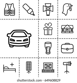 Pictogram icon. set of 13 outline pictogram icons such as turkey, house, present, car, drink, cargo on palette, medical bed, soft box, studio lapm, life vest, case