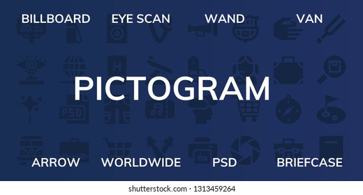 pictogram icon set. 32 filled pictogram icons. on blue background style Collection Of - Billboard, Eye scan, Wand, Van, Arrow, Worldwide, Psd, Briefcase, Music player, Mobile