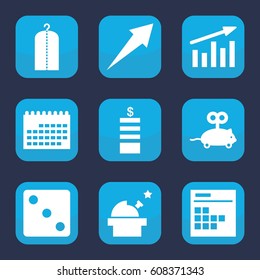 Pictogram icon. set of 9 filled pictogram icons such as mouse toy, Coin, Dice, clothes on hanger, calendar, chart, observatory