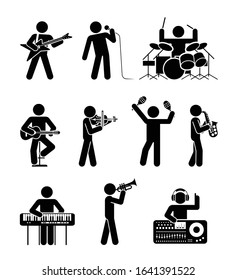 Pictogram icon set of different types of musicians. Different types of musical instruments. Club music.