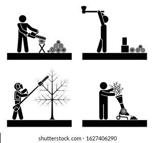 Pictogram icon set presenting wood heating preparation. Cutting wood, splitting wood, pruning branches, chopping branches.