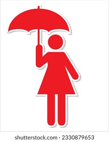 Pictogram, icon of a woman holding an umbrella with white rim and shadow.