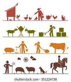 Pictogram icons presenting feeding of domestic animals on the farm. Feeding chickens and poultry, feeding goats with hay, feeding pigs and cattle, grazing sheep, riding horse. Agriculture icons.