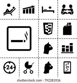 Pictogram icons. set of 13 editable filled pictogram icons such as smoking area, chocolate, cat, route and phone, chart, medical bed, shield, man laying in the sun, 24 hour