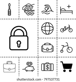Pictogram icons. set of 13 editable outline pictogram icons such as shopping cart, lock, child bicycle, mouse toy, money case, screwdriver, cargo trailer, medical bed