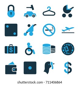 Pictogram icons set. set of 16 pictogram bi-color icons such as turkey, plane taking off, no smoking, disabled, lock, baby stroller, hanger, wallet, coin, globe, money case