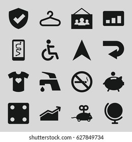 Pictogram icons set. set of 16 pictogram filled icons such as mouse toy, hanger, Dice, tap, no smoking, disabled, navigation arrow, t-shirt with heart, photo, piggy bank