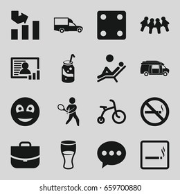 Pictogram icons set. set of 16 pictogram filled icons such as smoking area, child bicycle, dice, graph, case, drink, soda, van, no smoking, smiley, photo, tennis playing