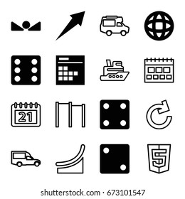 Pictogram icons set. set of 16 pictogram filled and outline icons such as dice, calendar, arrow up, globe, arrow, van, chart, reload, shield, horizontal bar