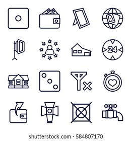 pictogram icons set. Set of 16 pictogram outline icons such as house, globe, Dice, Wallet, no dry cleaning, stopwatch, soft box, photo, tap, no signal, 24 hour, wallet