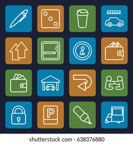 Pictogram icons set. set of 16 pictogram outline icons such as smoking area, lock, dice, wallet, car wash, drink, van, pen, garage, parking, info, arrow up, back arrow, wallet