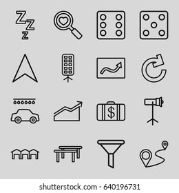 Pictogram icons set. set of 16 pictogram outline icons such as money case, dice, car wash, navigation arrow, distance, heart search, soft box, studio lapm, garage, filter