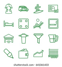 Pictogram icons set. set of 16 pictogram outline icons such as smoking area, dice, van, cargo trailer, nurse gown, photo, decanted, tap, garage, man laying in the sun, surfing