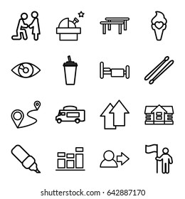 Pictogram Icons Set. Set Of 16 Pictogram Outline Icons Such As House, Drink, Van, Bed, Distance, Ice Cream, Drum Stick, Chart, Arrow Up, User, Pen, Man With Flag, Observatory