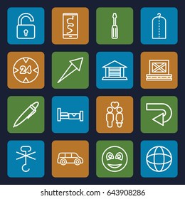 Pictogram icons set. set of 16 pictogram outline icons such as bed, opened lock, clothes on hanger, screwdriver, cargo on palette, no cargo warning, couple, pen, smiley