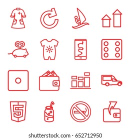 Pictogram icons set. set of 16 pictogram outline icons such as arrow up, baby onesie, mouse toy, dice, wallet, soda, van, no smoking, nurse gown, chart, surfing, wallet