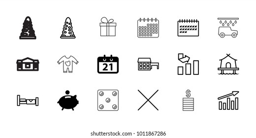 Pictogram icons. set of 18 editable outline pictogram icons: piggy bank, calendar, bed, tunnel, graph, house, chart, cancel, tent, baby onesie, present, coin, dice