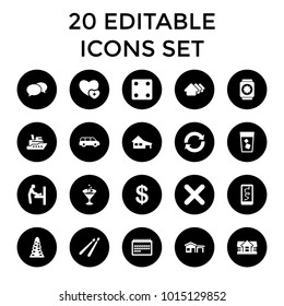 Pictogram icons. set of 20 editable filled pictogram icons such as baby changing room, house, tunnel, coin, dice, chat, ship. best quality pictogram elements in trendy style.