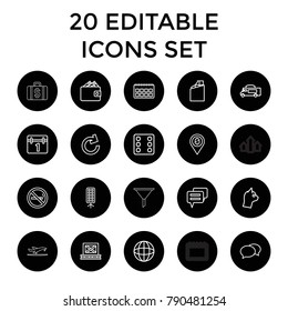 Pictogram icons. set of 20 editable outline pictogram icons such as no smoking, dice, chat, calendar, chocolate, cat, van. best quality pictogram elements in trendy style.