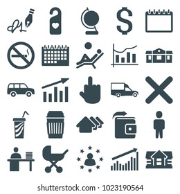 Pictogram icons. set of 25 editable filled pictogram icons such as house, baby stroller, middle finger, van, no smoking, heart tag, chart, ink pen, man working at the table