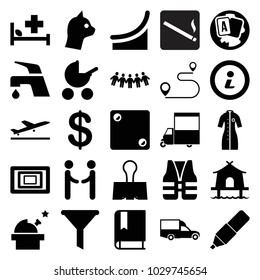 Pictogram icons. set of 25 editable filled pictogram icons such as plane taking off, baby stroller, coin, tap, filter, cat, van, observatory, book, paper clamp, photo, info