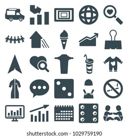 Pictogram icons. set of 25 editable filled pictogram icons such as dice, graph, chat, calendar, van, drink, heart search, chart, paper clamp, arrow up, photo, tap, globe