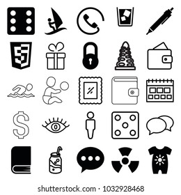 Pictogram icons. set of 25 editable filled and outline pictogram icons such as lock, baby onesie, dice, pen, chat, shield, surfing, radiation, man, wallet, present, eye