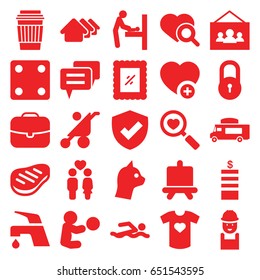 Pictogram icons set. set of 25 pictogram filled icons such as baby changing room, lock, board, house, baby stroller, coin, dice, tap, worker, drink, van, heart search, couple