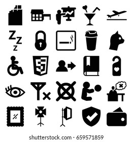 Pictogram icons set. set of 25 pictogram filled icons such as plane taking off, smoking area, disabled, lock, no dry cleaning, drink, cocktail, heart tag, teacher, eye