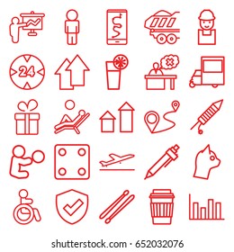 Pictogram icons set. set of 25 pictogram outline icons such as plane taking off, disabled, arrow up, present, dice, pen, worker, drink, van, distance, cargo trailer, teacher