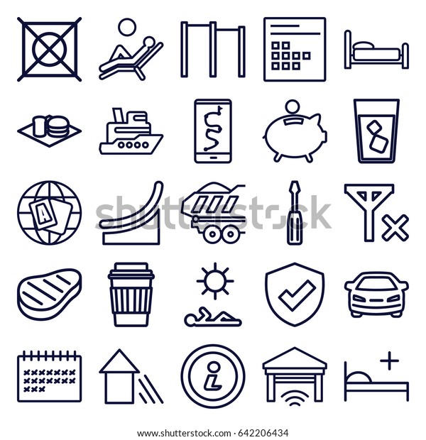 Pictogram icons set. set of 25\
pictogram outline icons such as globe, no dry cleaning, car,\
screwdriver, drink, soda and burger, calendar, cargo trailer,\
medical bed, beef