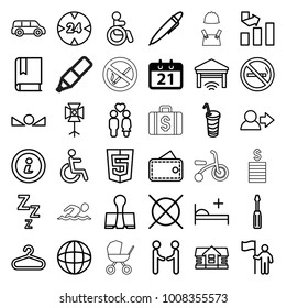 Pictogram icons. set of 36 editable outline pictogram icons such as calendar, no smoking, disabled, house, hanger, no dry cleaning, graph, screwdriver, wallet, user, car