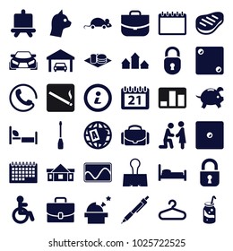 Pictogram icons. set of 36 editable filled pictogram icons such as call, disabled, board, hanger, globe, case, marriage proposal, cat, bed, soda, soda and burger, observatory