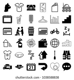 Pictogram icons. set of 36 editable filled and outline pictogram icons such as house, child bicycle, chat, back arrow, marriage proposal, drink, van, soda and burger, wallet