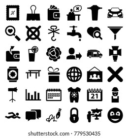 Pictogram icons. set of 36 editable filled pictogram icons such as cabbage, lock, baby onesie, wallet, no dry cleaning, tap, worker, van, teacher, horizontal bar, swimming man