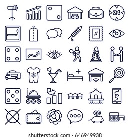 Pictogram icons set. set of 36 pictogram outline icons such as smoking area, cabbage, tunnel, baby onesie, mouse toy, eye, dice, chat, clothes on hanger, no dry cleaning