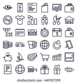 Pictogram icons set. set of 36 pictogram outline icons such as smoking area, no smoking, house, baby stroller, present, coin, wallet, graph, calendar, soda and burger