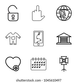 Pictogram Icons. Set Of 9 Editable Outline Pictogram Icons Such As Globe, Add Favorite, Soft Box, Garage, Opened Lock, Baby Onesie, Route And Phone, Calendar