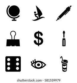 pictogram icons set. Set of 9 pictogram filled icons such as Coin, Dice, pen, screwdriver, drink, eye, paper clamp, surfing