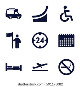 pictogram icons set. Set of 9 pictogram filled icons such as plane taking off, bed, van, no smoking, disabled, 24 hour, chart, man with flag