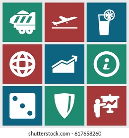 Pictogram icons set. set of 9 pictogram filled icons such as plane taking off, Dice, cargo trailer, cocktail, info, globe, chart, teacher