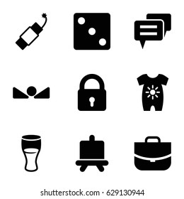 Pictogram icons set. set of 9 pictogram filled icons such as lock, board, baby onesie, Dice, case, drink, firework, arrow up