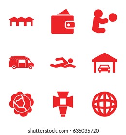 Pictogram icons set. set of 9 pictogram filled icons such as cabbage, wallet, van, soft box, garage, baby playing with toy, globe