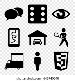 Pictogram icons set. set of 9 pictogram filled icons such as man, dice, chat, van, garage, tennis playing, eye, shield