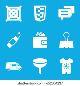 Pictogram icons set. set of 9 pictogram filled icons such as baby onesie, wallet, no dry cleaning, van, paper clamp, firework, chat, filter