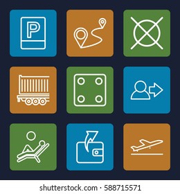pictogram icons set. Set of 9 pictogram outline icons such as plane taking off, Dice, Wallet, no dry cleaning, distance, cargo trailer, parking, man laying in the sun