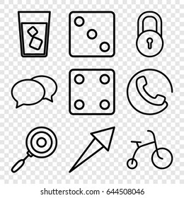 Pictogram icons set. set of 9 pictogram outline icons such as call, lock, child bicycle, dice, chat, drink, pan