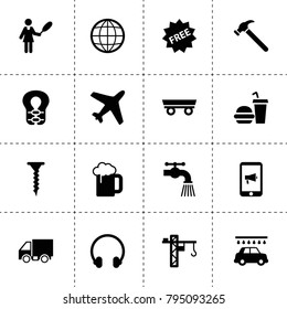Pictogram icons. vector collection filled pictogram icons. includes symbols such as trailer, globe, car wash, water tap, cleaner woman. use for web, mobile and ui design.